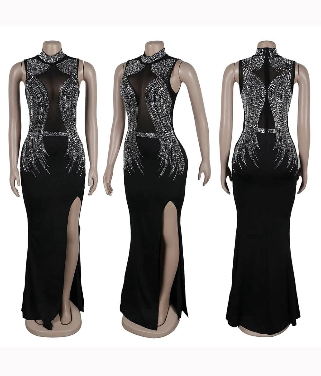 UNDERCOVER Nagfar Vestito Donna Strass Lungo Senza Maniche Maxi Spacco Nero Taglia XL