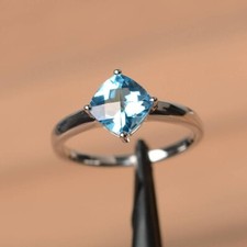 2Ct Cushion Cut Lab-Created Blue Topaz Engagement Ring 14K White Gold Plated