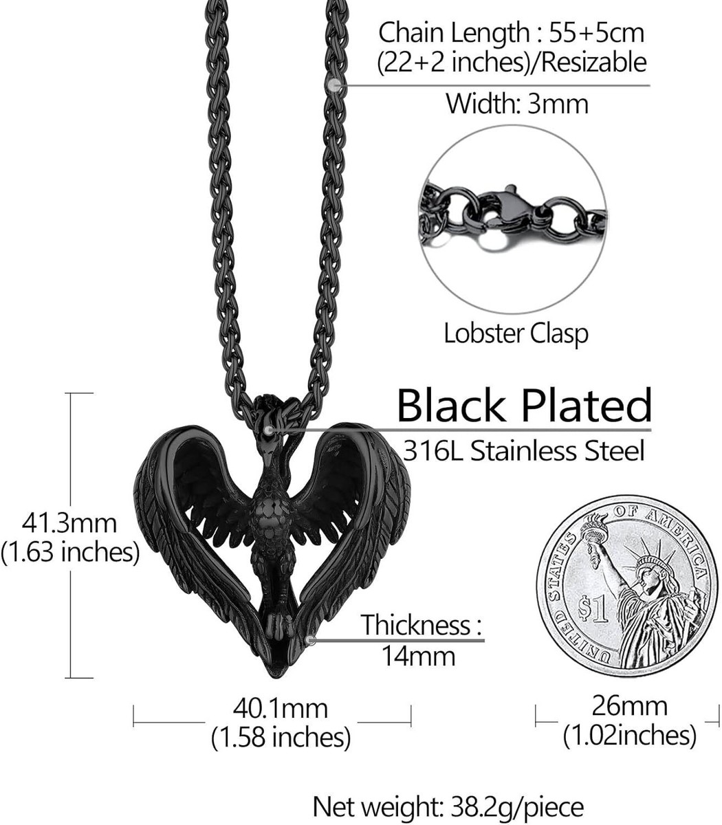 CLEMITRA PHOENIX ブラックネックレス Stainless Steel Black Phoenix Pendant Necklace for Men Women