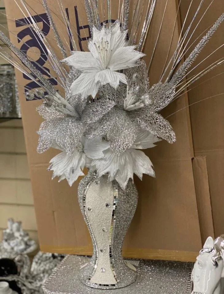 Vaso Romany prata branca com um monte de flores esmagar mosaico italiano Bling 30cm - Imagem 4 de 4