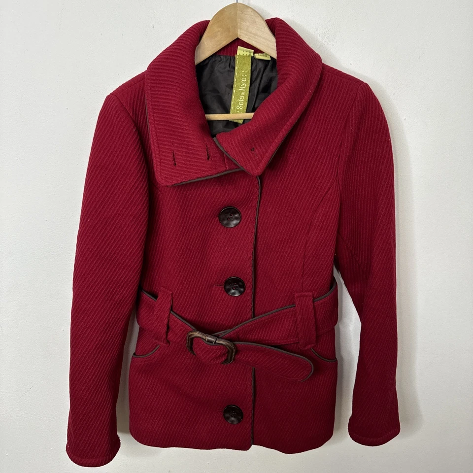 Jaqueta Soia Kyo Feminina M Mescla de Lã Vermelha Peacoat com Cinto Canadá - Imagem 3 de 4