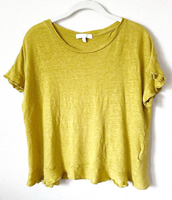 Eri + Ali Anthro Top Womens Size XS Mustard Yellow Flutter Sleeve 100% Linen