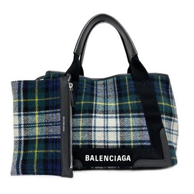 BALENCIAGA Navy Cabas Small Wool Check Tote Bag Pouch Italy Auth