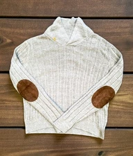 J Crew Sweater Mens XL Oatmeal Tan  Elbow Patch Shawl Collar Fisherman Preppy