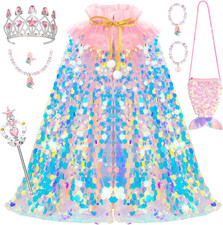 Princess Dress up for Girls 3-8, Mermaid Cape with Crown, Dress up Clothes Birth