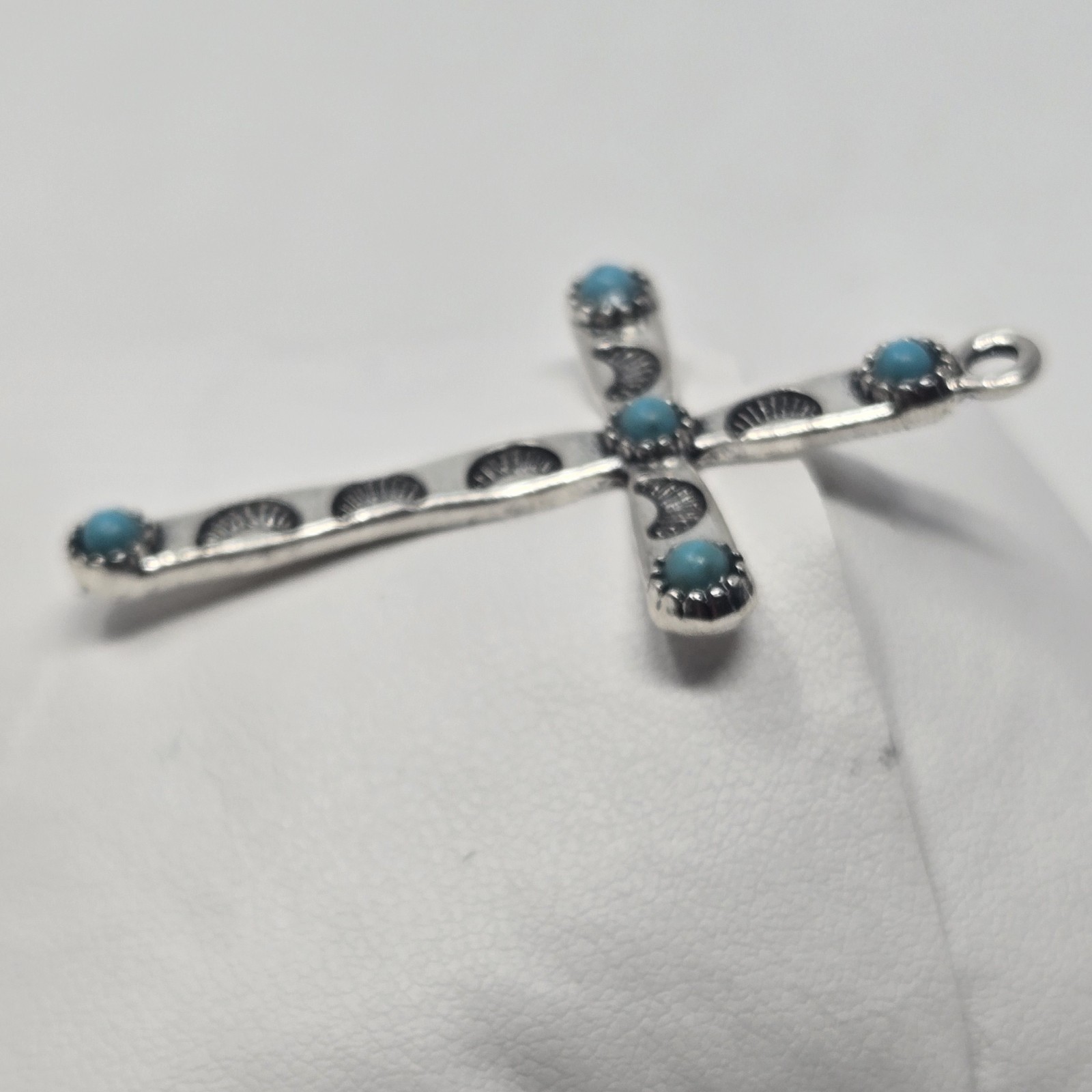 Imitation Turquoise Cross Pendant Southwest Native American Style Silver Tone image 5