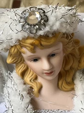 Vtg Trim A Home 10" Porcelain Christmas Angel Tree Topper Lighted White Coat Hat
