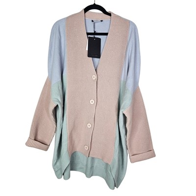 NEW Marina Rinaldi L Oversized Cardigan Sweater Cashmere Wool Blend Blue Camel