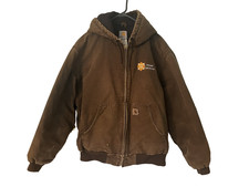 Carhartt Duck Coat w/ Hood Men's XL Brown w/ Embroidery Distressed Well Worn