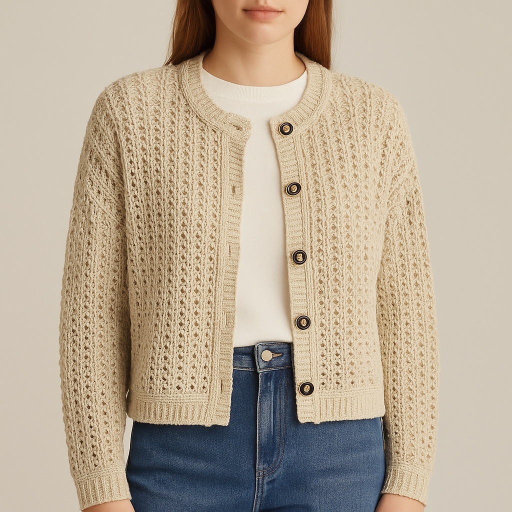 New Rachel Zoe Beige Gold Metallic Knit Cardigan Sweater Women L Heritage Preppy