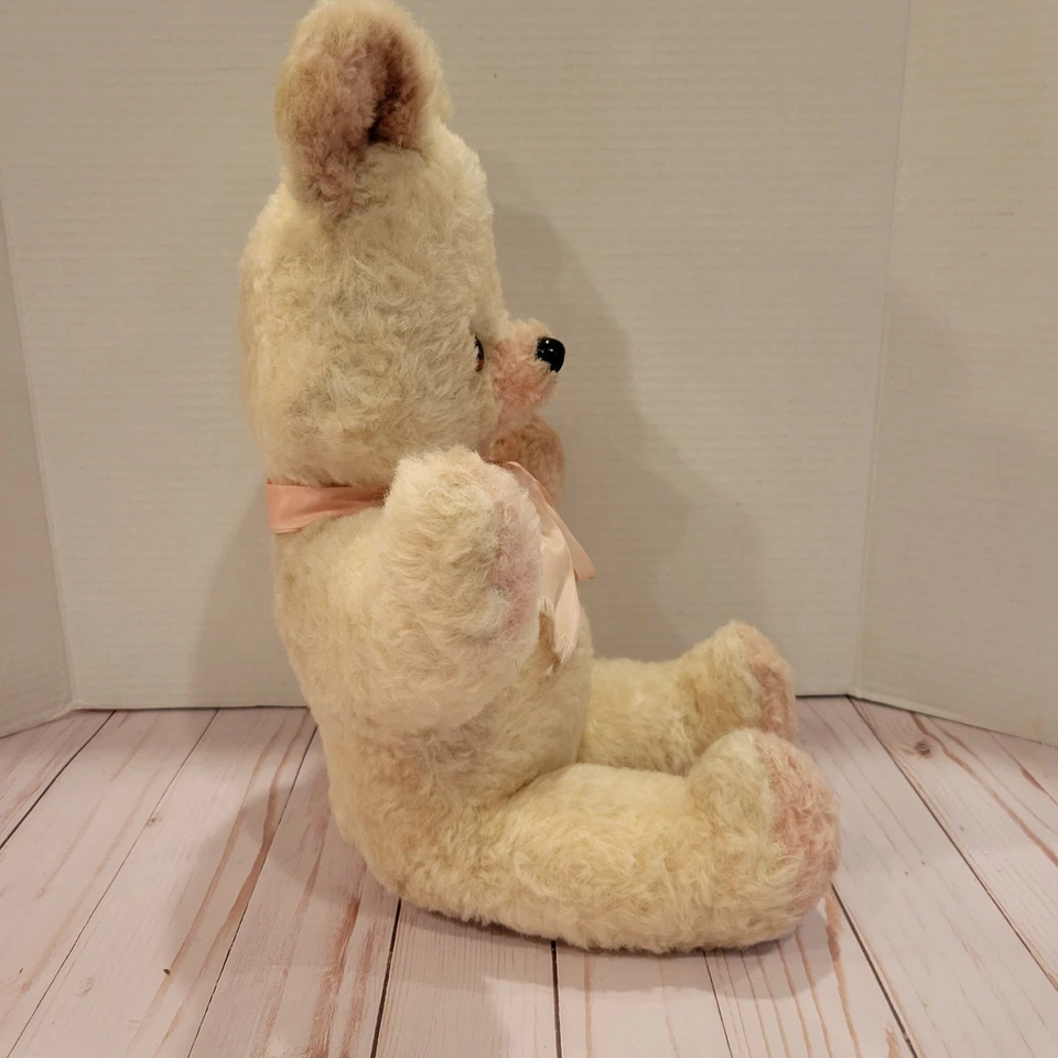 Oso de peluche vintage años 50 60 peluche animal blanco rosa juguete MCM pesado Foto 4 de 4