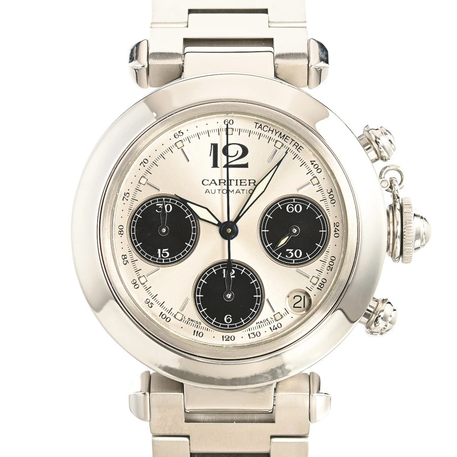 CARTIER WATCH PASHA CHRONOGRAPH W31048M7 AUTOMATIC DATE SILVER/BLACK DIAL MEN'S