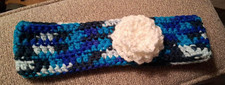 Women s Blue White Crocheted Headband with Stretch, Flower Accent