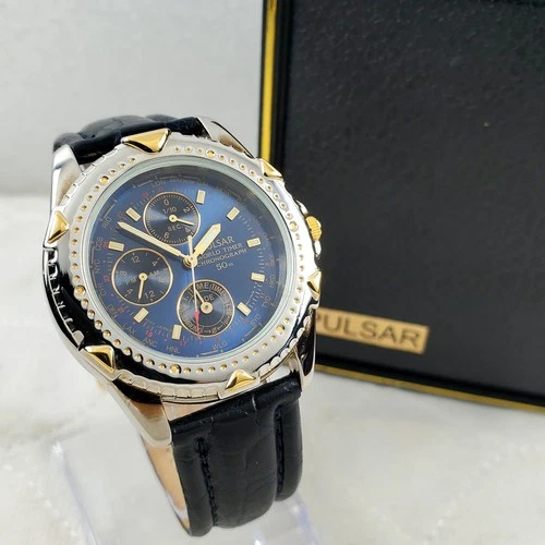 VINTAGE PULSAR BY SEIKO N94J-7A00 WORLD TIMER CHRONOGRAPH BLUE MEN'S WATCH