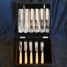 Vintage Box Set of EPNS Fish Knives & Forks - with Sterling Silver Collars.