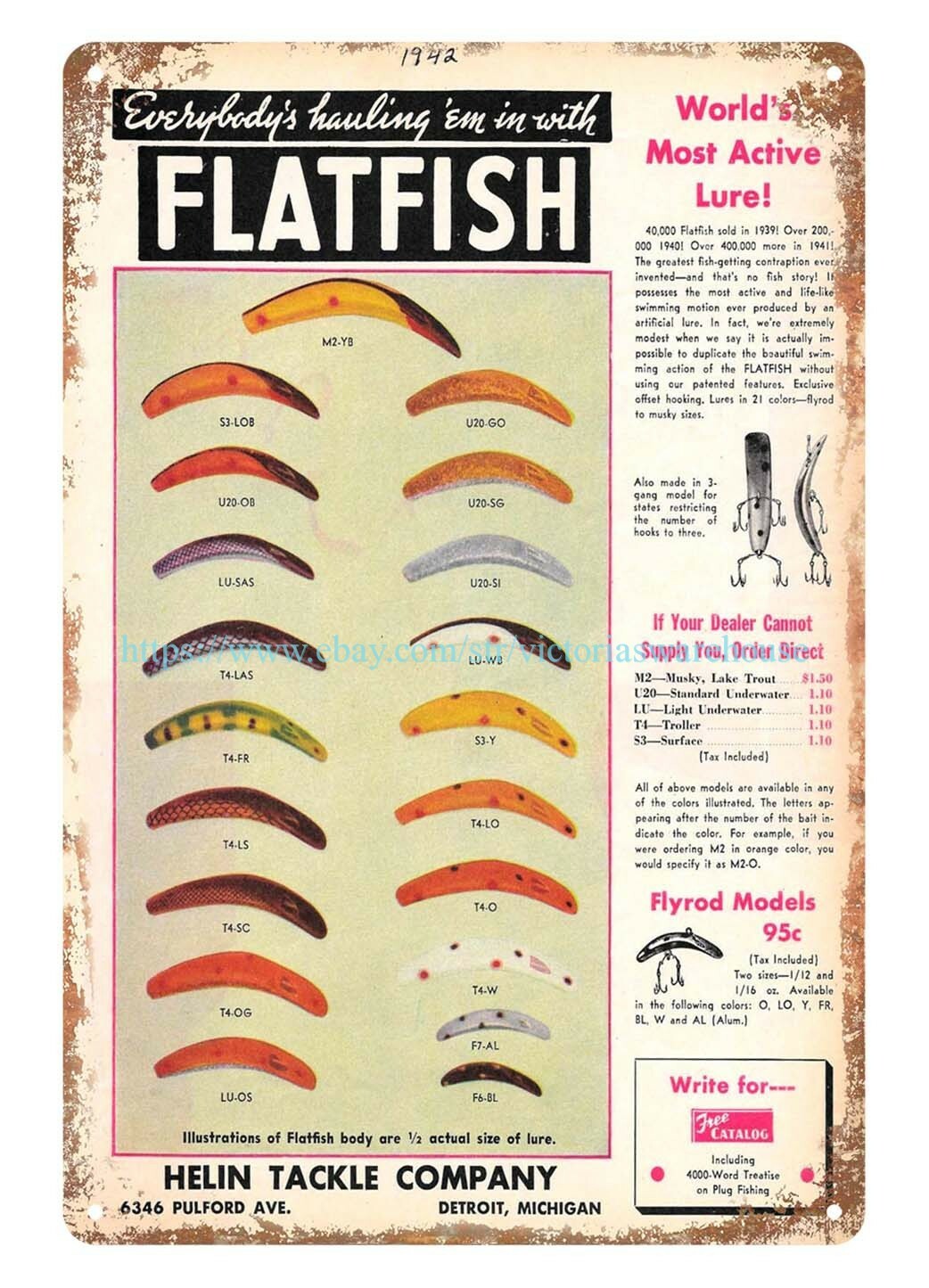 collectible 1942 Helin Flatfish lure catalog cover color chart metal tin  sign | eBay