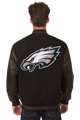 NFL Philadelphia Eagles Wool Leather Reversible Jacket Patch Logos Black JH