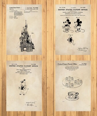 Walt Disney / Mickey Mouse - 4er Set Patentdrucke - Vintage Wandbilder - A4