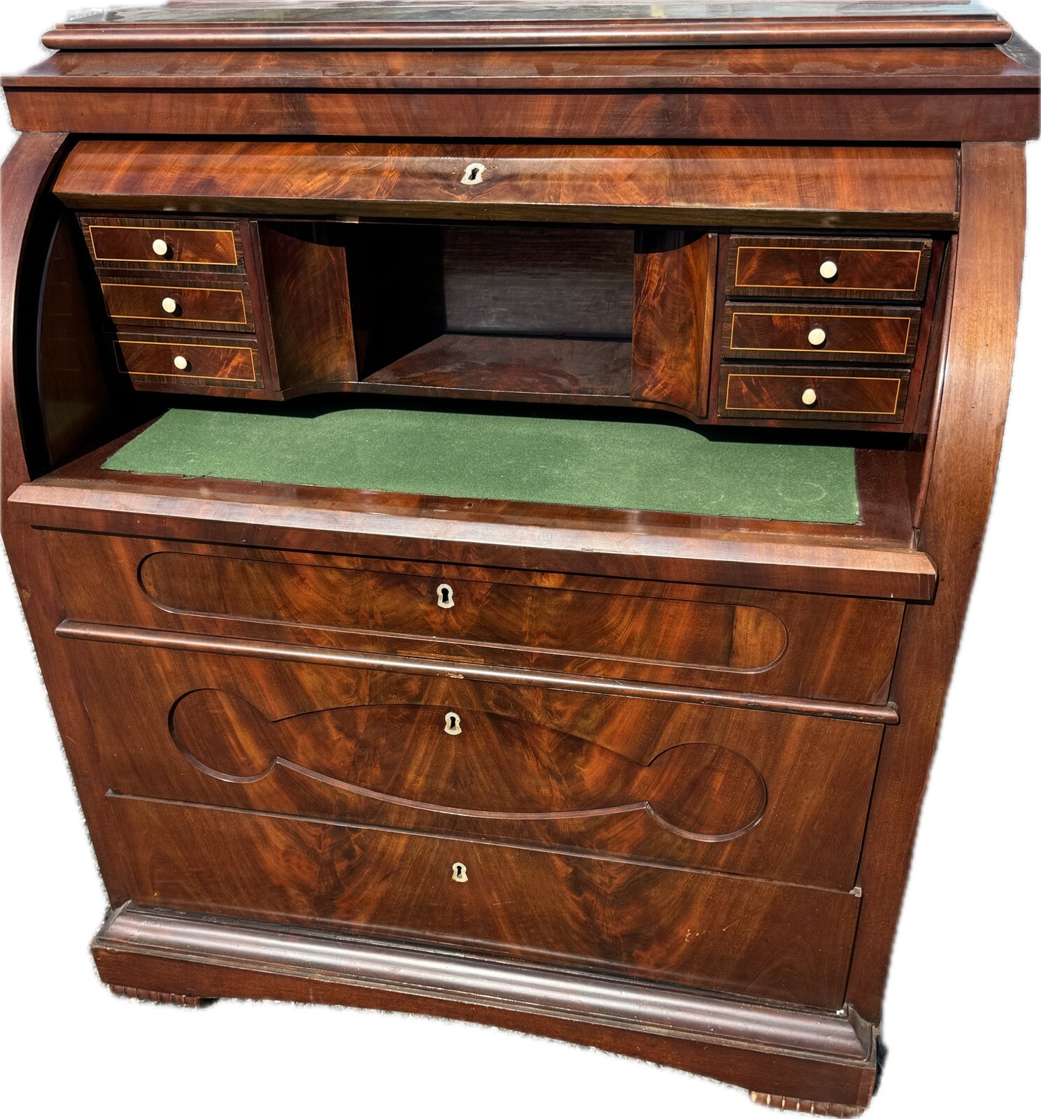 BIEDERMEIER BUREAU A CYLINDRE FLAME MAHOGANY Secretary Desk ￼