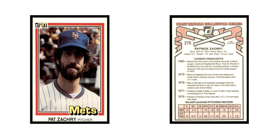 1981 Donruss Pat Zachry Baseball Cards #275 - Image 3 of 3