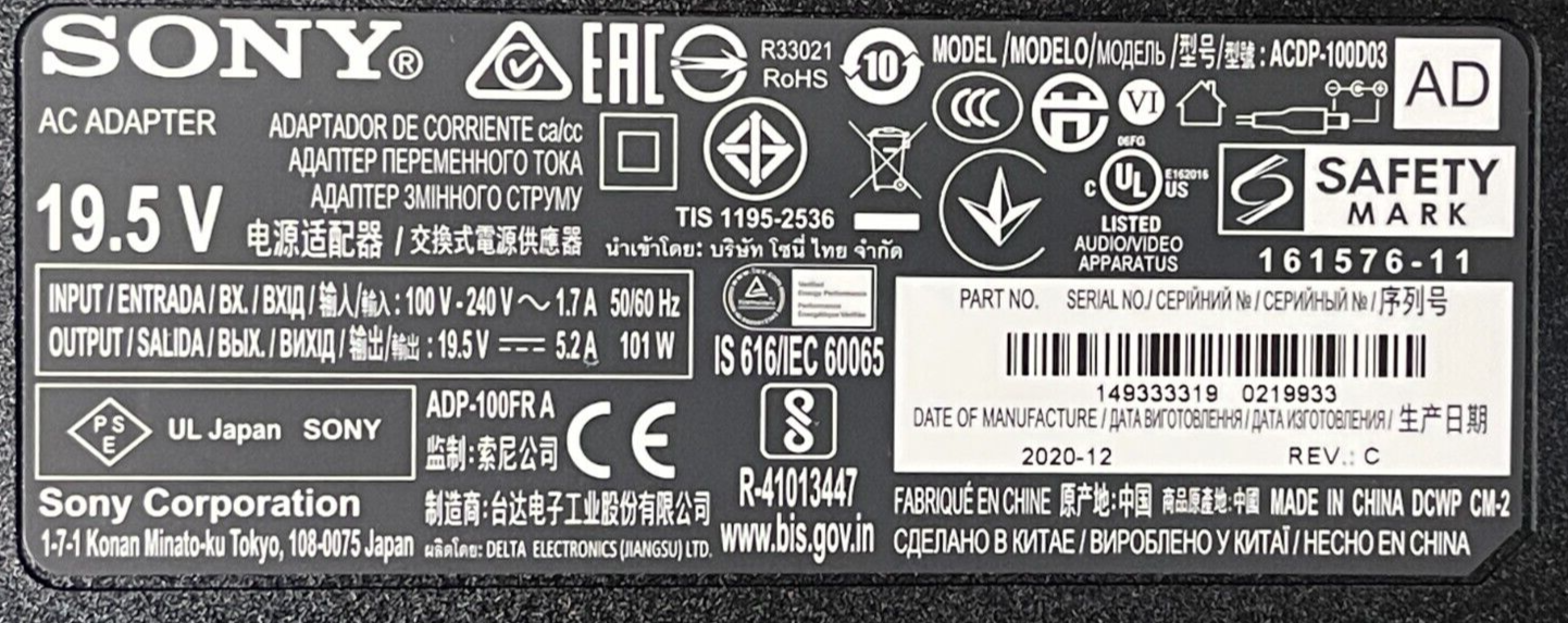 Original Sony AC Adapter 19.5V5.2A ACDP100D03 for XBR43X800G KD