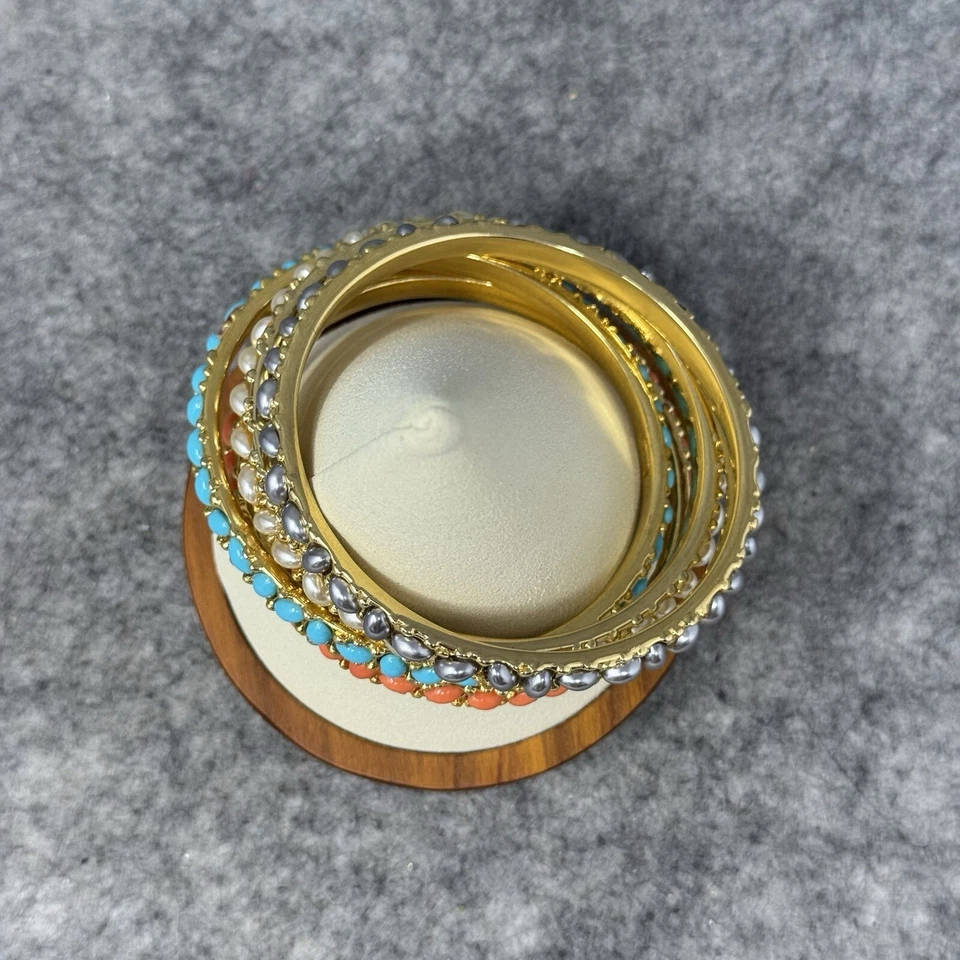 Kenneth Jay Lane KJL Bangles Bracelets Set Cabochan Turquoise Coral Silver Pearl - Image 2 of 4