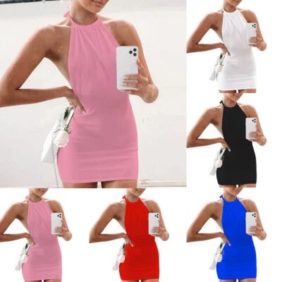 Damen Sexy Rückenfreies Neckholder Figurbetontes Minikleid Abendparty ≌ - Bild 1 von 4