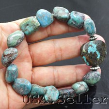 Blue Turquoise Bracelet Rough Nugget Beads Kingman Stretch Healing Gemstone 7.5"