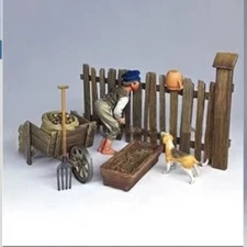1/35 Scale Farm Scene Model Kit - Peasant, Dog, Fence & Accessories Diorama Set