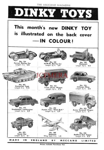1950s DINKY Toys ADVERT Seaplane, Bedford End Tipper Lorry etc. Print Ad 701/15 - Afbeelding 1 van 1