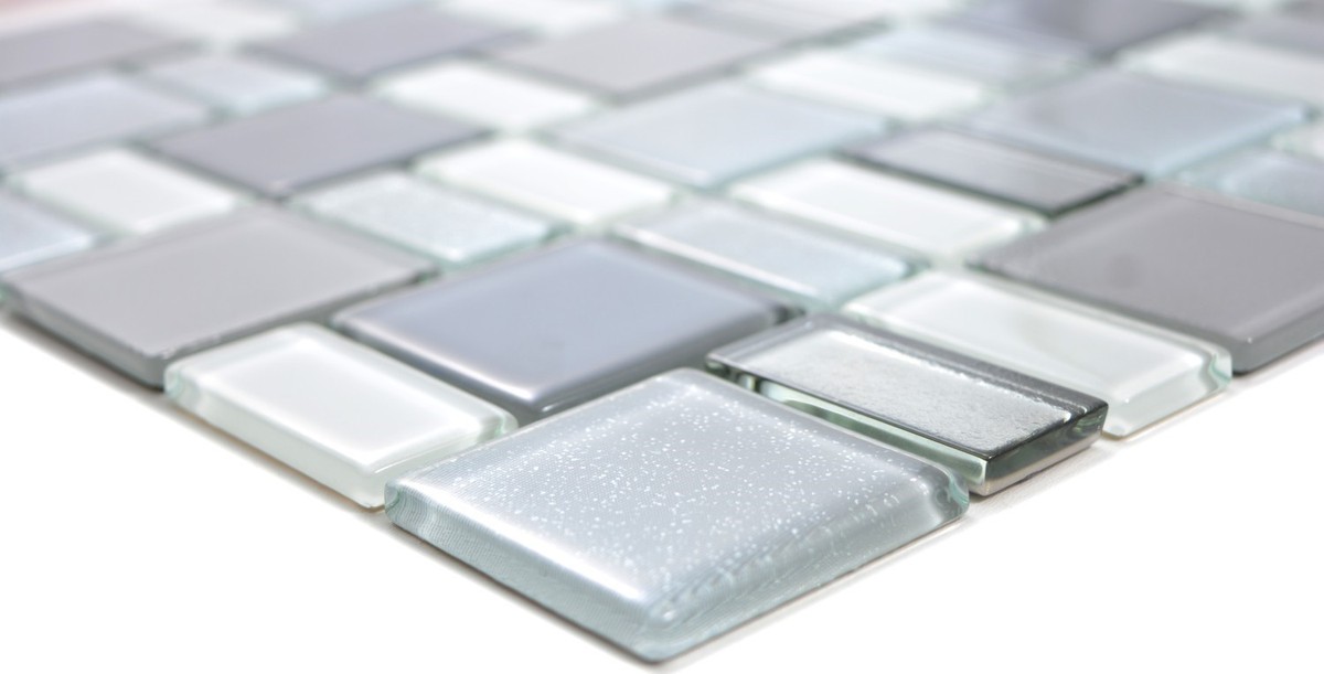 Mosaïque Miroir Gris Blanc – Crédence Cuisine Brique WB68-0216F – Brillant, Effet Verre