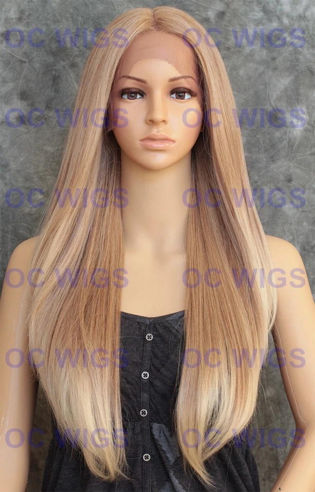 Peluca larga recta segura para el calor frente mezcla cabello humano rubio claro ombre EVEU Foto 2 de 4