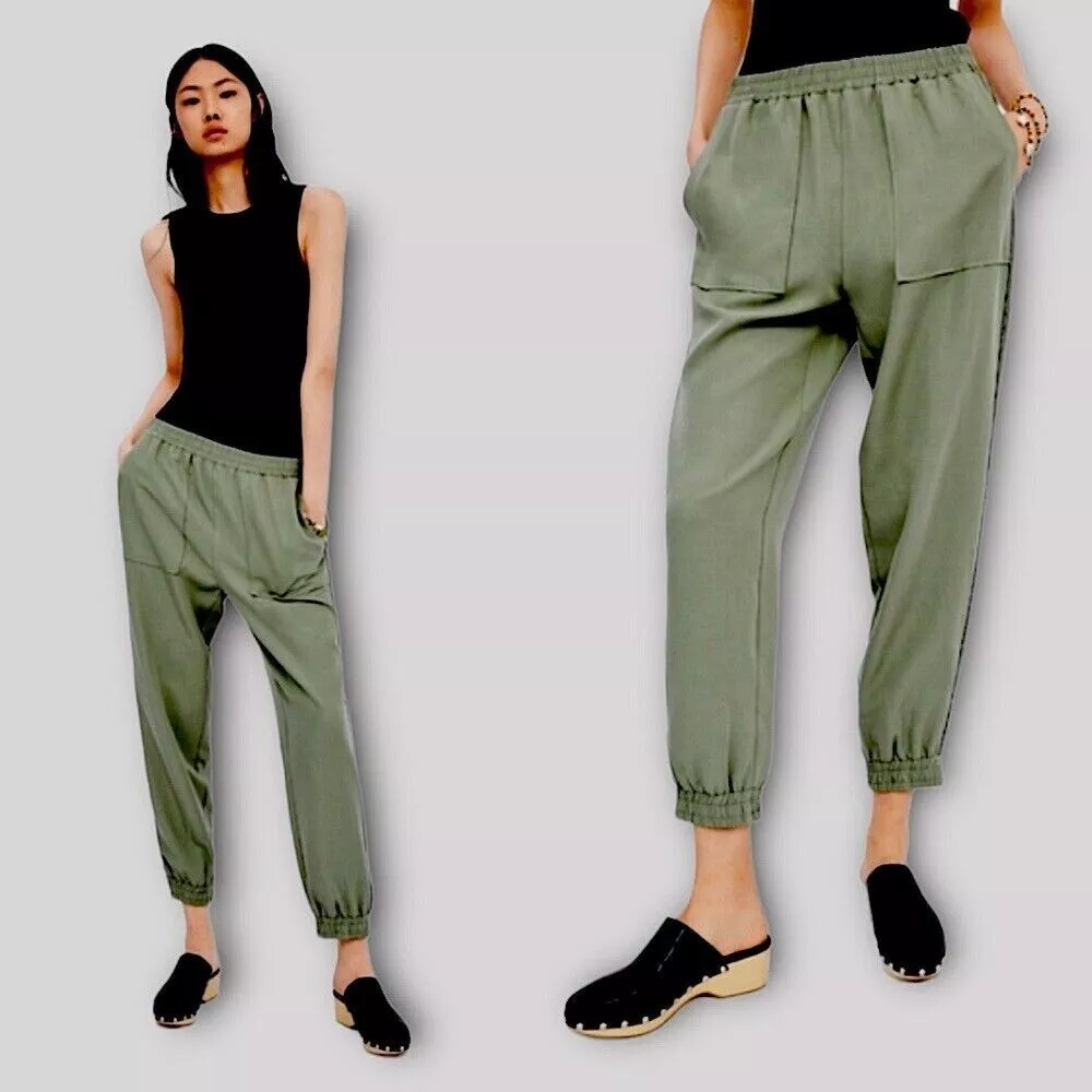 ZARA M Pants Joggers Army Green High Rise Rhinestone Side Stripe Crystal  Elastic