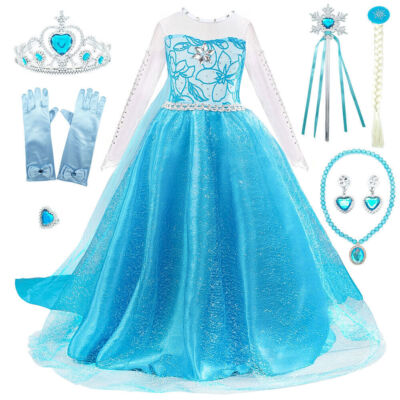 Eiskönigin Prinzessin Kleid  Kostüm Eisprinzessin Set aus 4 Zubehör