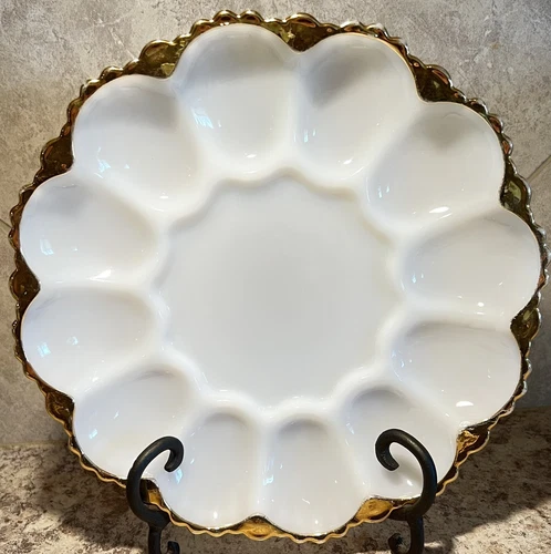 Vintage Anchor Hocking Fire King Deviled Egg Plate Milk Glass Dish w/Gold Trim
