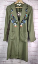 Davi & Dani Open Duster Sz S Green Embroidered Open Long Pockets Boho Hipster 