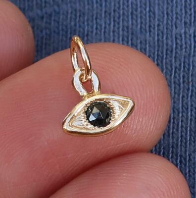 Solid Yellow Gold & Round Black Rose Cut Diamond Eye Charm Pendant For Chain