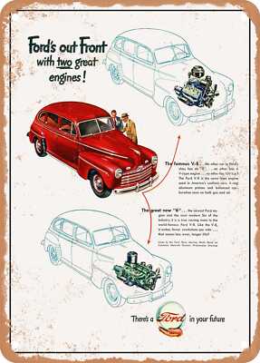METAL SIGN - 1947 Fords Out Front with Two Great Engines Vintage Ad