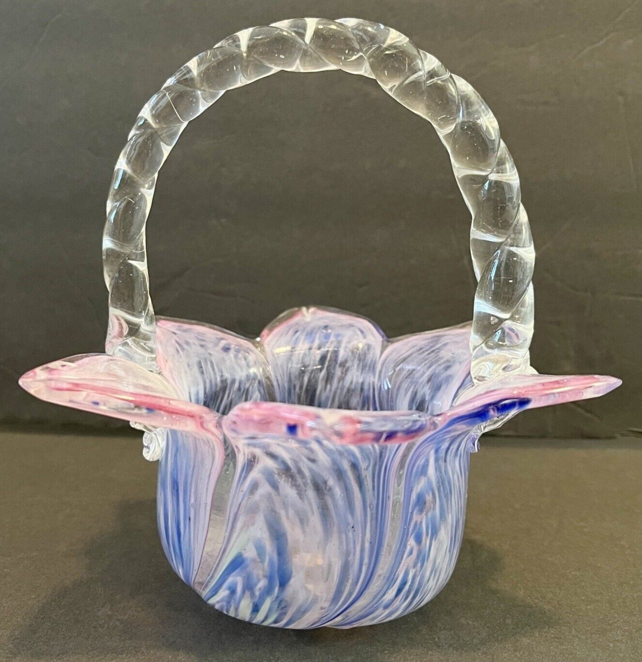FM Konstglas Ronneby Sweden Art Glass Basket Tulip Floral Blue Pink Purple Baby