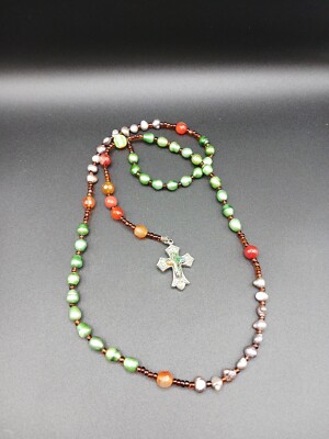 Vintage Karis Milefiori Cross Pearl Glass Necklace Faceted Crystals Wire Wrap