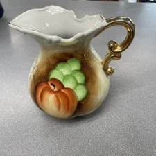 Hand Painted Porcelain Pitcher Apple Grape Gold Trim Small 5.5" Unmarked Creamer