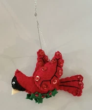 Red Felt Cardinal Christmas Holiday Ornament handmade Bird with Holly