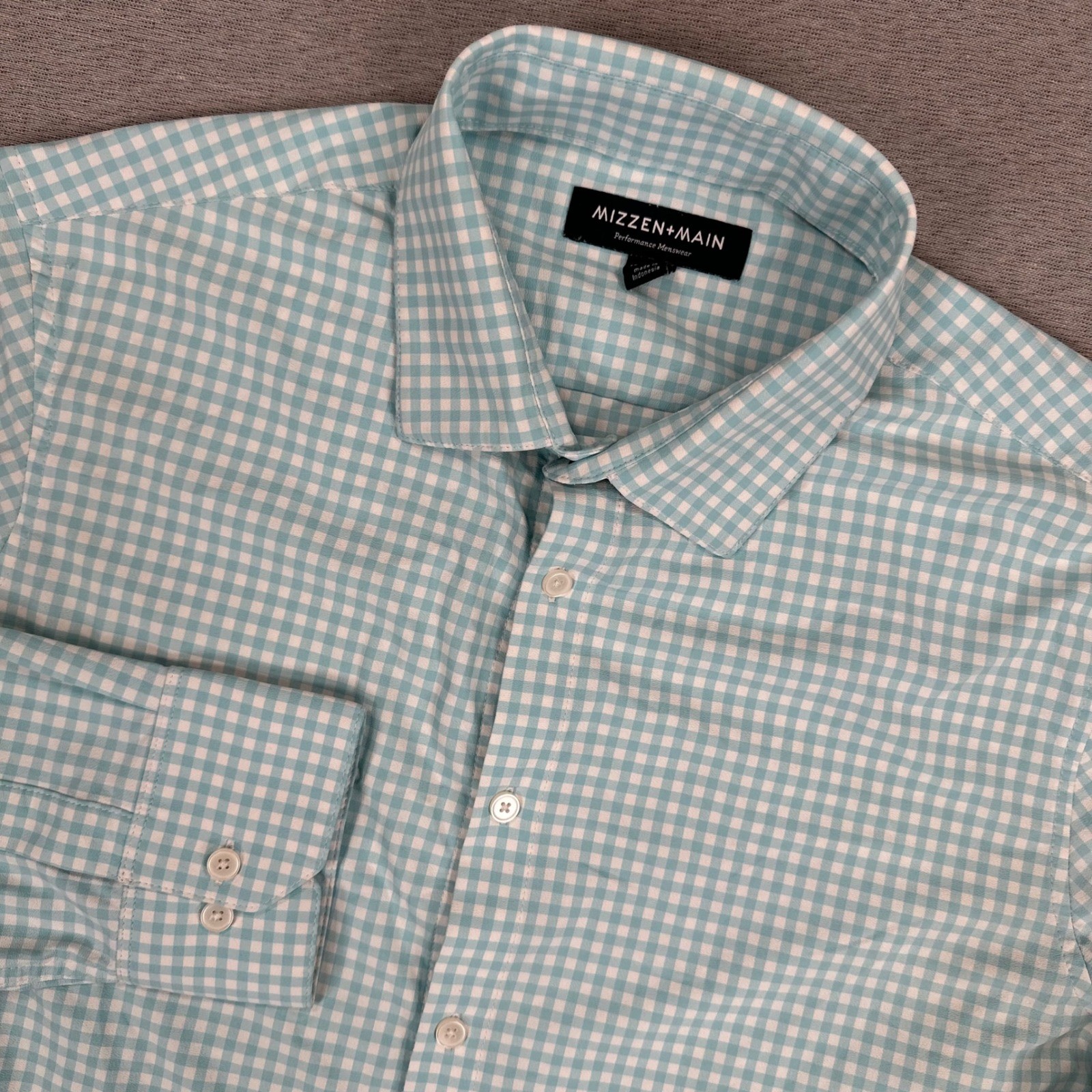 Mizzen+Main Dress Shirt Mens Large Tall Blue White Check Trim Performance 4-Way