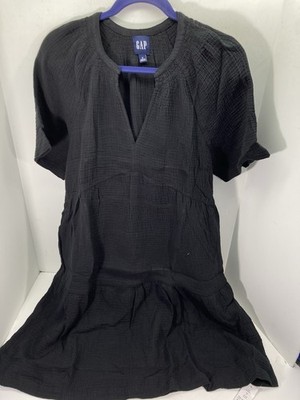 Gap Gauze Tiered Dress Women Size Small Black Short Sleeve Pockets Crinkled NWT