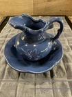 VTG McCoy USA Stoneware Pottery Blue Pitcher and Wash Bowl Basin Set