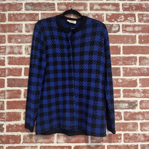 St. John, St. john for I.Magnin Vintage Blue Black Checkered Plaid Cardigan Sweater Small