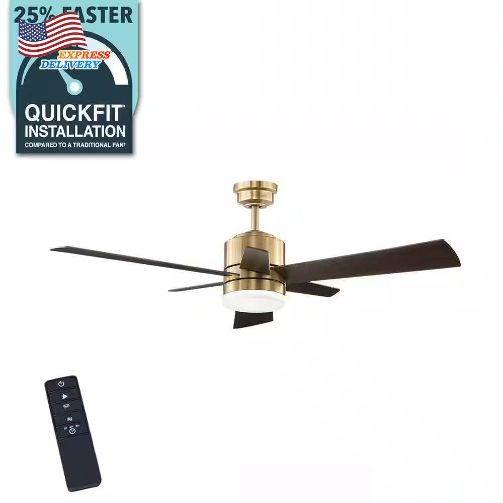 Hexton 52 In. Indoor Integrated LED Brushed Gold Ceiling Fan with Light Kit NEW