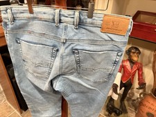 Diesel Men's Straight Light Blue Denim Jeans 5-Pocket Logo Button Drawstring