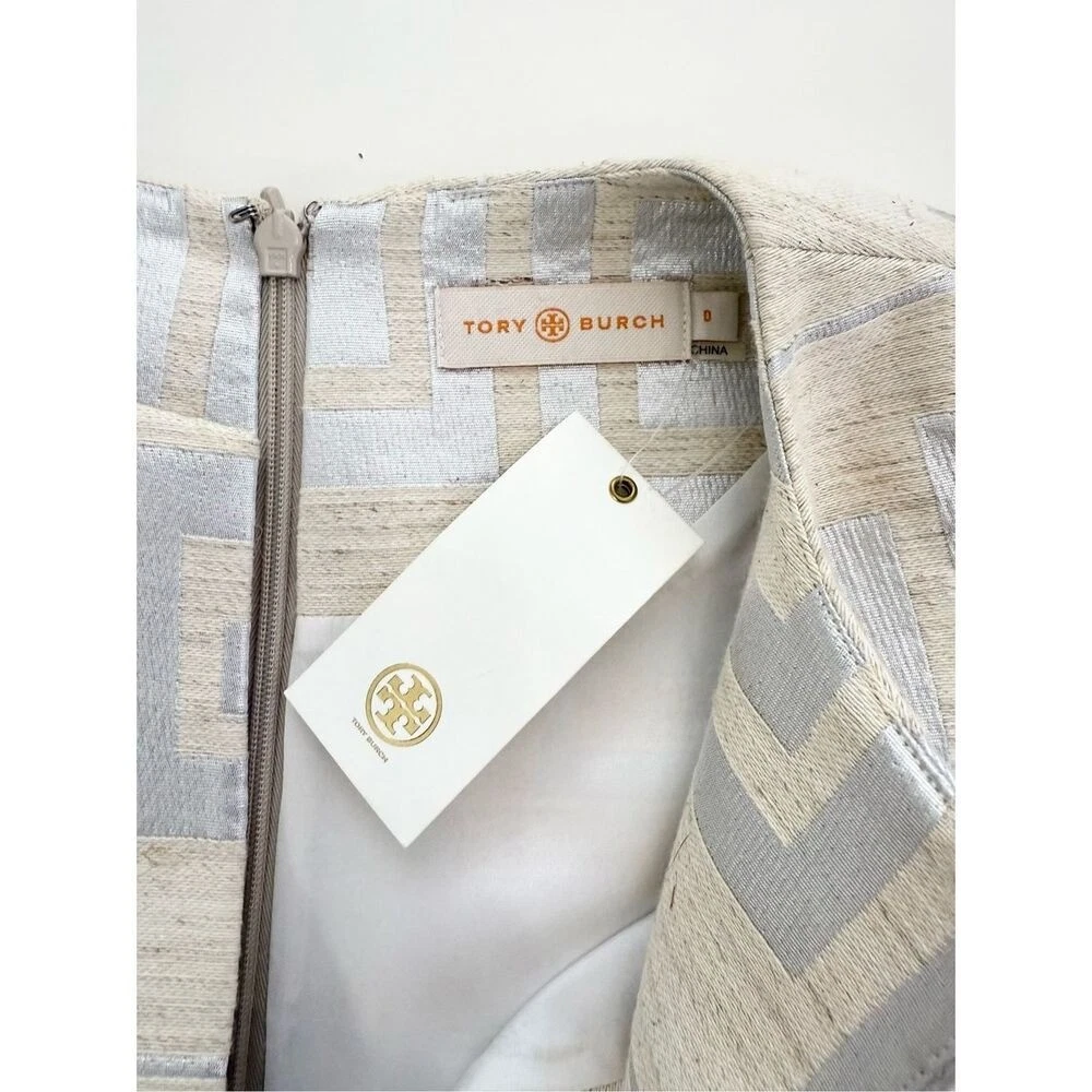 Abito donna Tory Burch bianco argento jacquard chiave greca geometrico taglia 0 nuovo con etichette