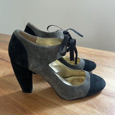 Beverly Feldman Mary Jane Pumps Two-Tone 4'' Heel Black Gray Ribbon Lace Up 8.5
